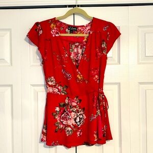 Like New! J for Justify Red Floral V-Neck Blouse with Side Tie. Size Medium